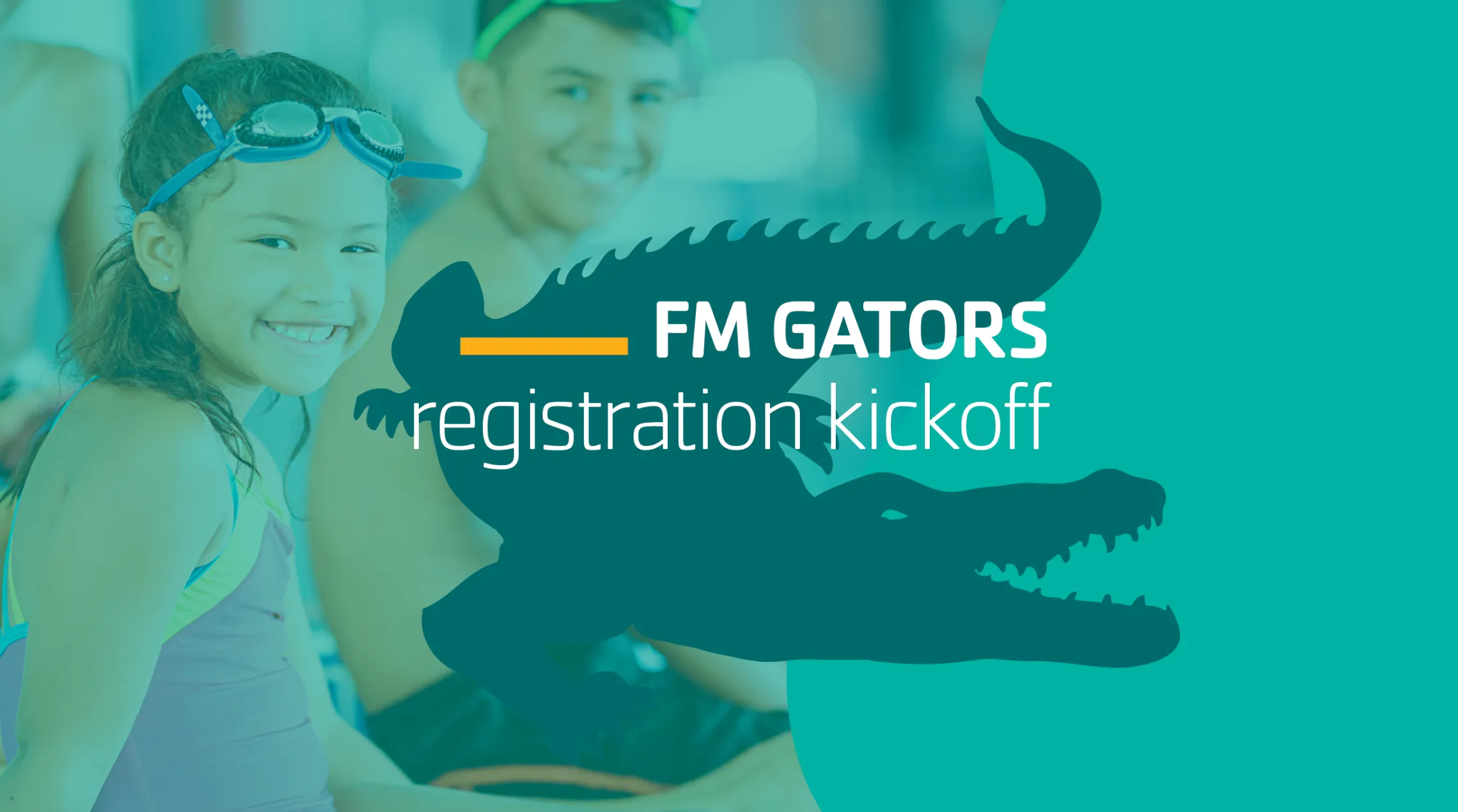 Children in swimwear smiling at the camera with text reading "FM GATORS registration kickoff"