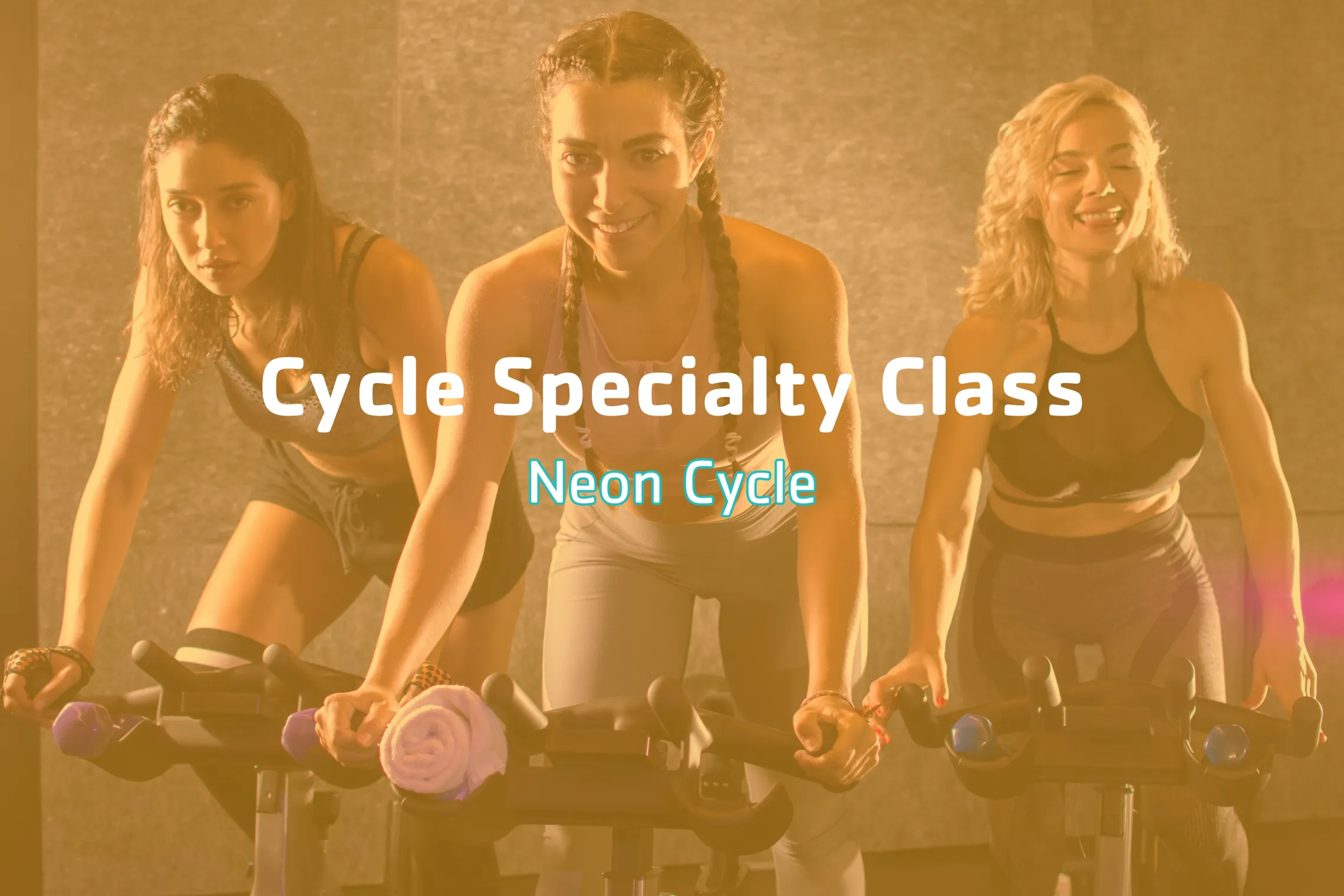 Group of women on a bunch of cycle fitness machines with text "Cycle Specialty Class, Neon Cycle"