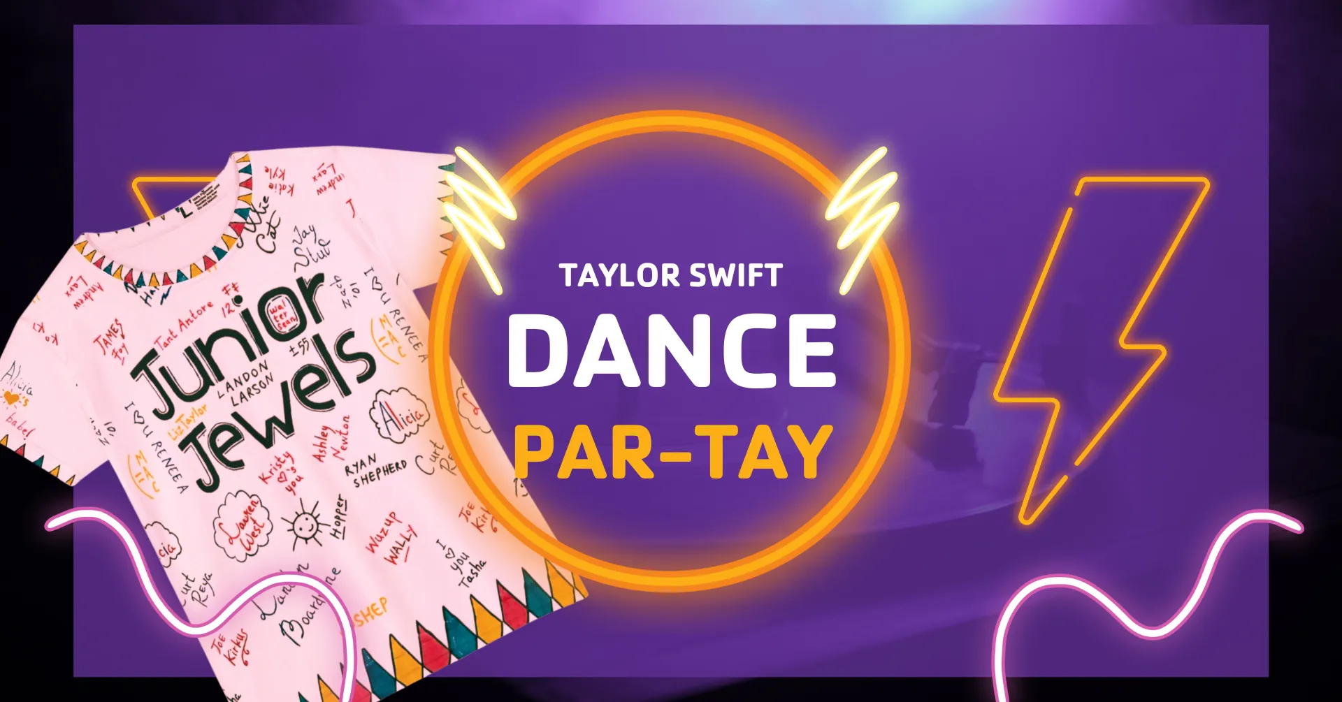 "The Taylor Swift Dance Par-Tay" Image in graphics of neon shapes and lights